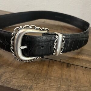 Vtg Hunt Club‎ 1994 Black Cowhide Leather Croc Embossed Belt 36" Silver Buckle